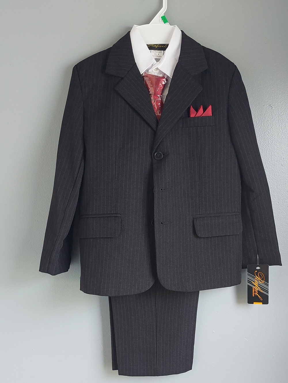 Boys Black Pinstripe Suit with Red Accent - Classic Formal Blazer & Pants